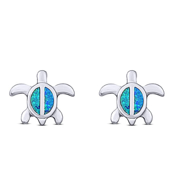 Turtle Stud Earring Created Blue Opal Solid 925 Sterling Silver (8mm)